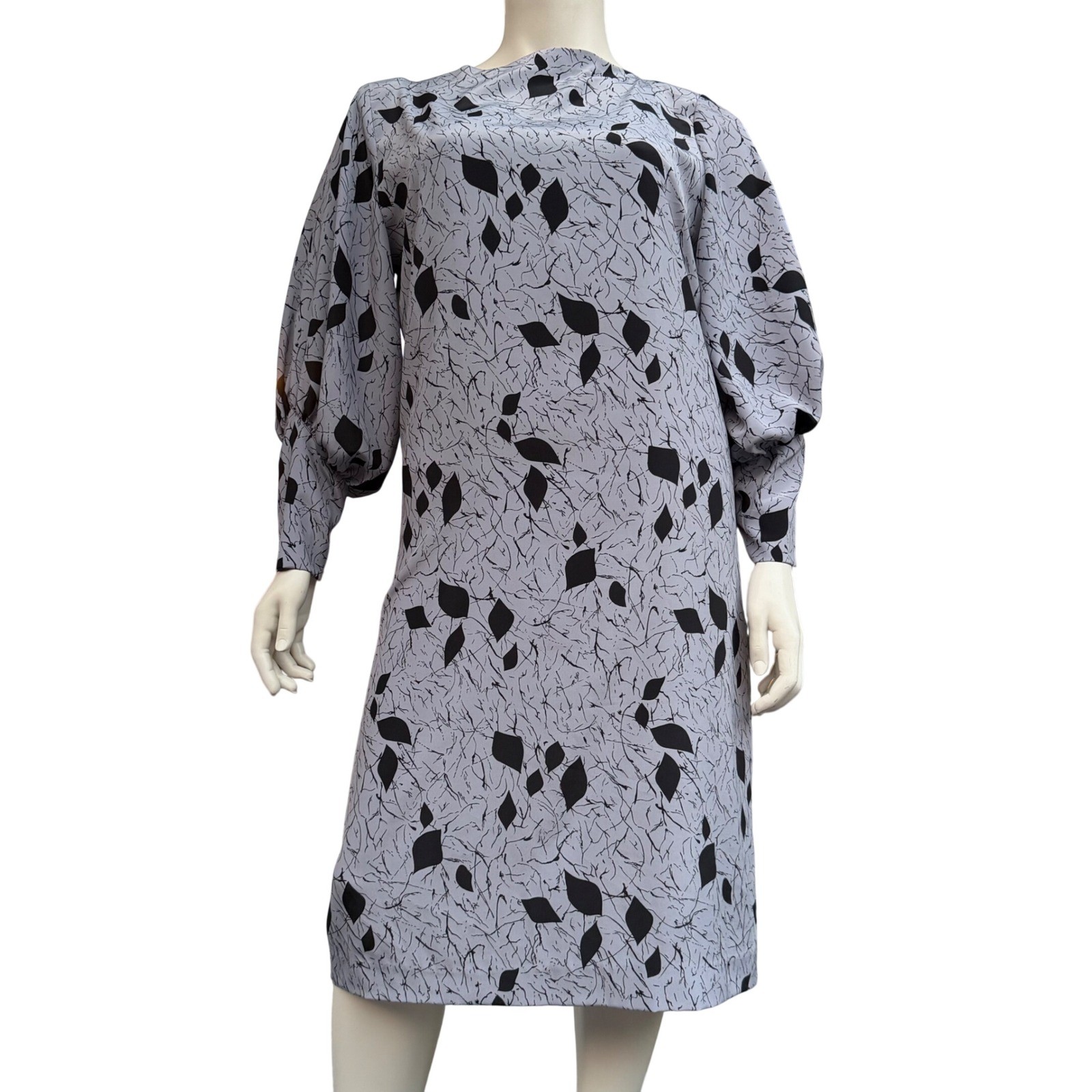 Murray Meisner Vintage Shift Dress Midi Balloon Sleeve Blue Black Leaf Print 14