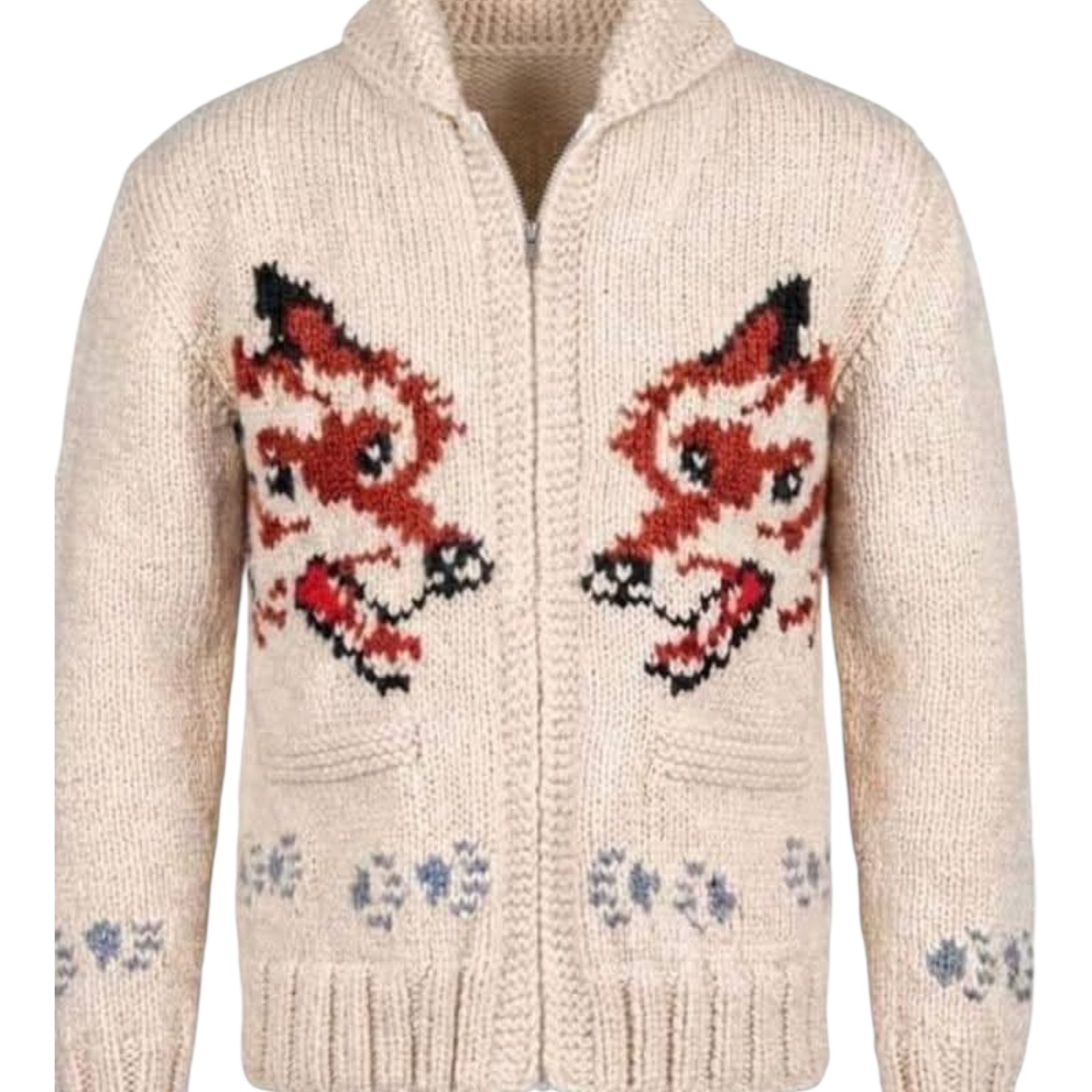Wolf Knit Cardigan Sweater Mary Maxim Inspired Canadian Zip Jacket Wool Sweater