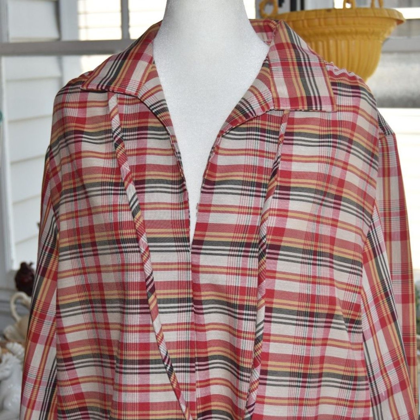 Vintage 80s Plaid Peasant Blouse XL XXL Tie Neck Boho Cottagecore Shirt
