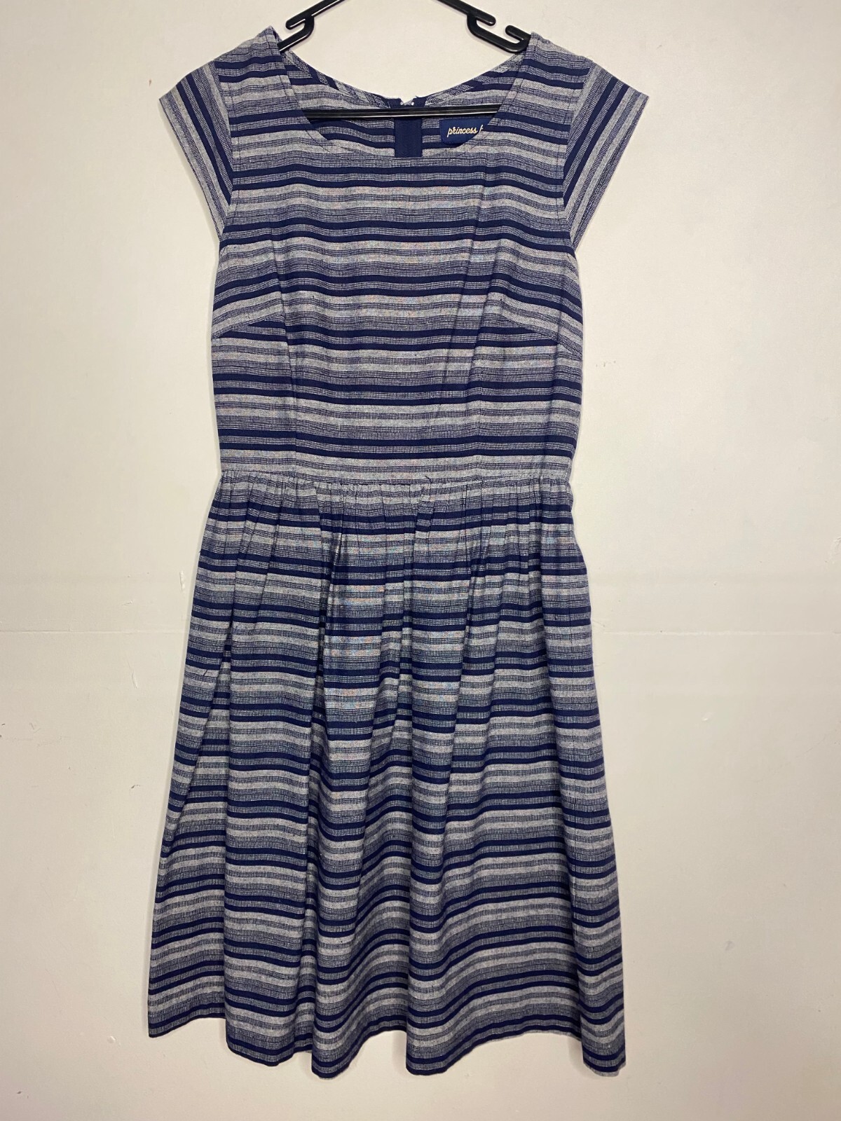 Vintage 1990s Princess Highway Blue Stripe Linen Cotton Sun Dress AU 8 Sz S