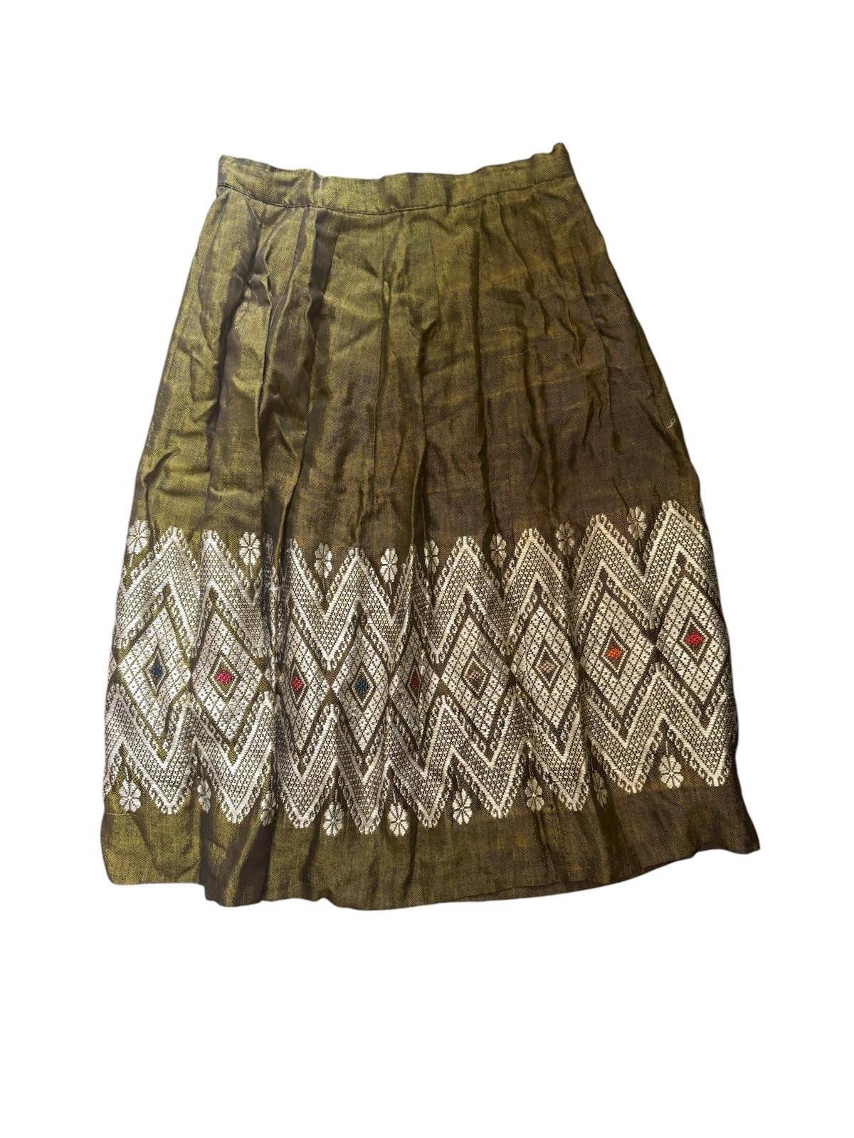 Vintage MCM 1960s Green A-Line Handmade Woven Midi Skirt Women’s Small / XS