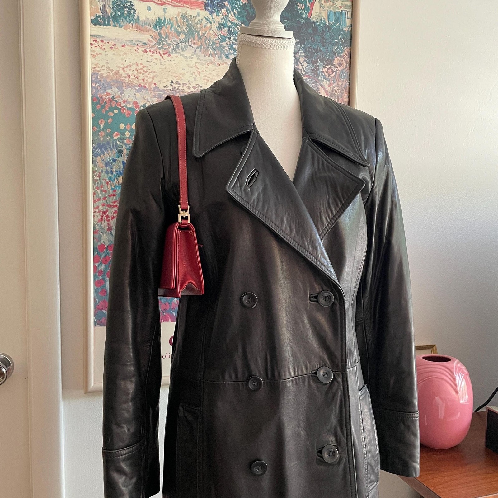 Vintage 90s Black Genuine Leather Coat Small Double Breasted Trench Grunge Goth