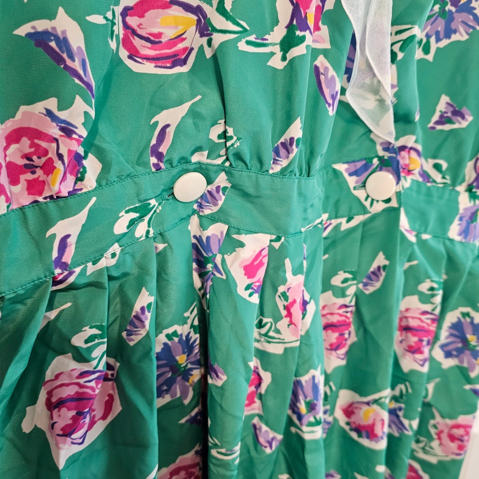Vintage 90s Maggy Boutique Dress Women Sz 16 Green Floral Pleated Preppy Cottage