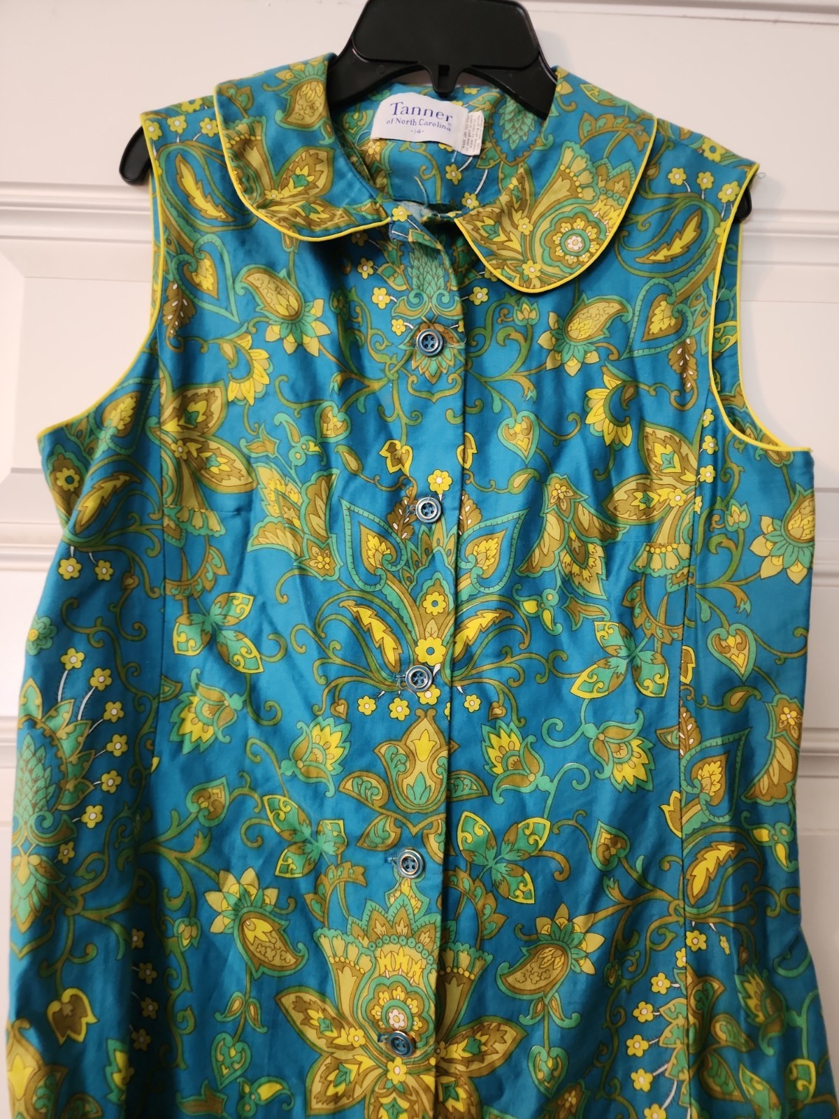 Vintage Tanner of North Carolina Teal Yellow Shift Dress Size 14 Bust 38”