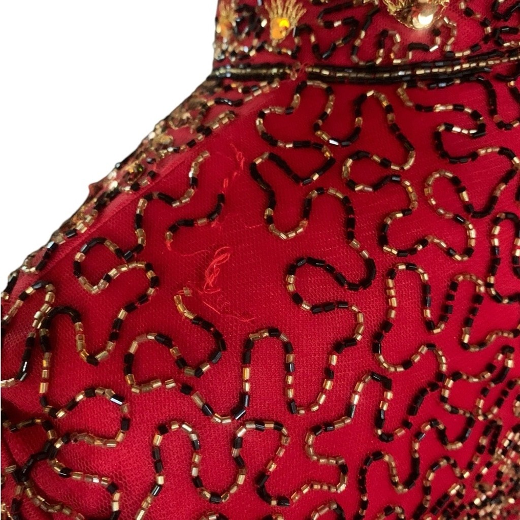 Vntg 90’s Marina red, gold and black beaded high neck short sleeved top sz small