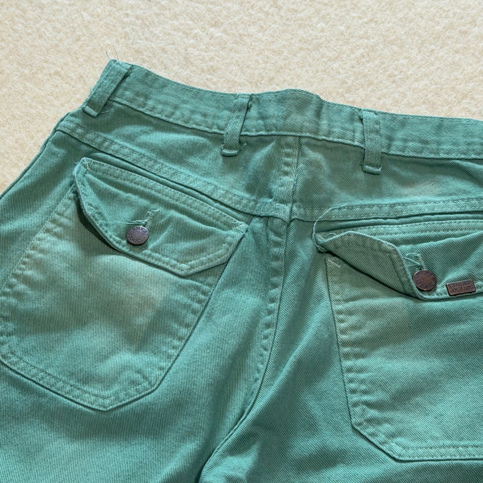 VTG 70s Green Denim Flared Pants Talon 42 Zip High Waist 29×29