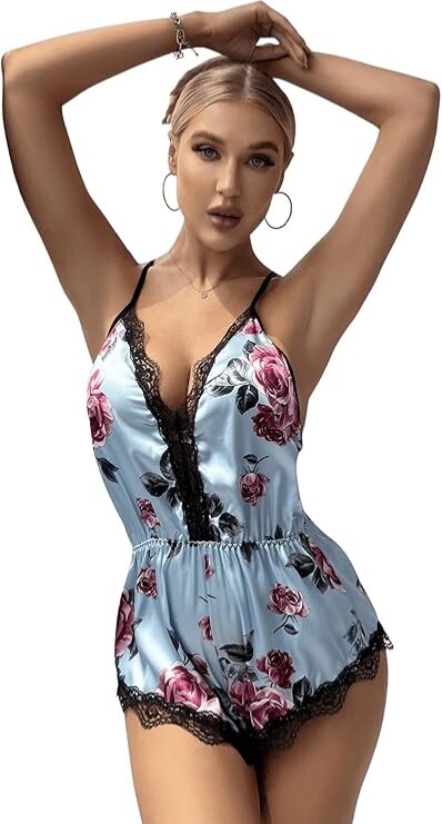 Glossy Satin Blue Floral Shiny Bodysuit TEDDY PLAYSUIT Romper Lingerie Cami M