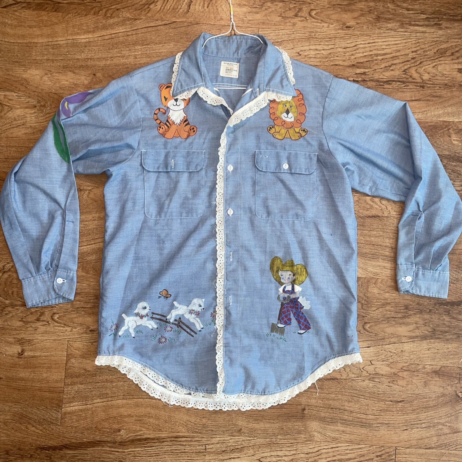 VTG BIG MAC Shirt Hand Painted 70s Long Sleeve Button Up Woman Size XL