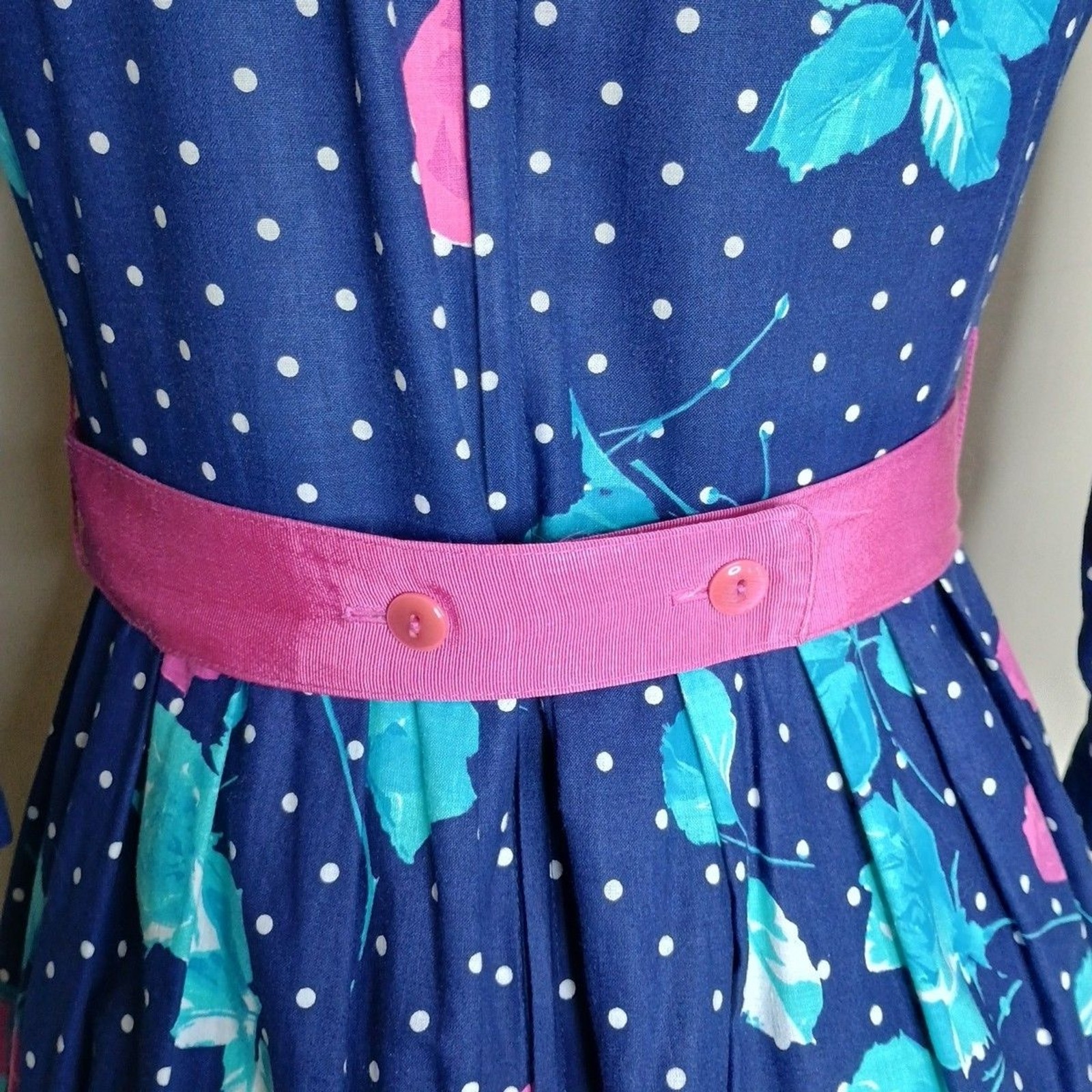 Vintage Lanz Originals 80s Dress Sz 8 Blue Floral Cottagecore Belted Pockets