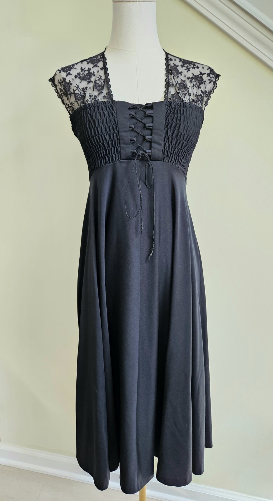 Vintage 1970s Jody T Of California Black Lace Midi Dress Ruched Lace Up Goth XS