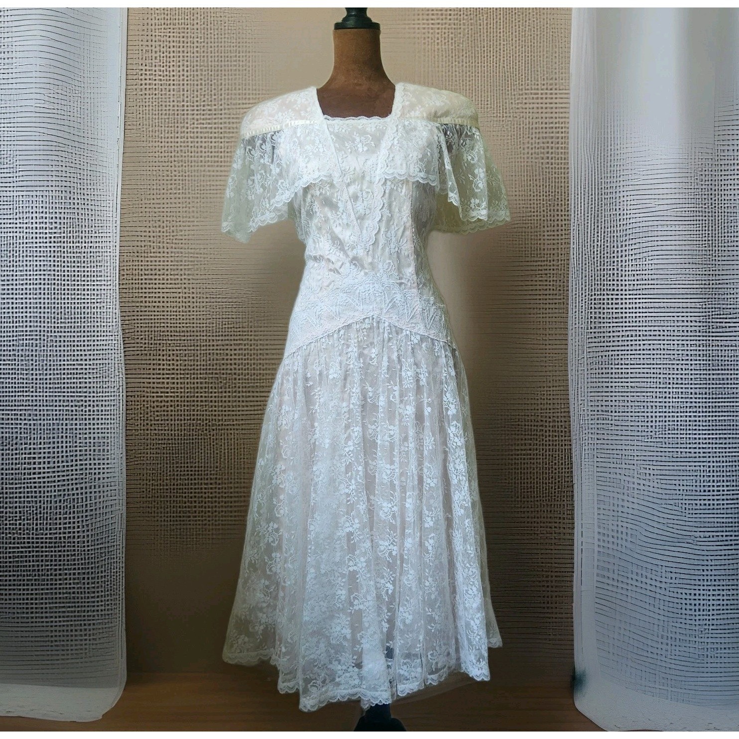 Vintage Gunne Sax Jessica McClintock Lace Dress Cream Pink Capelet Midi 5/6