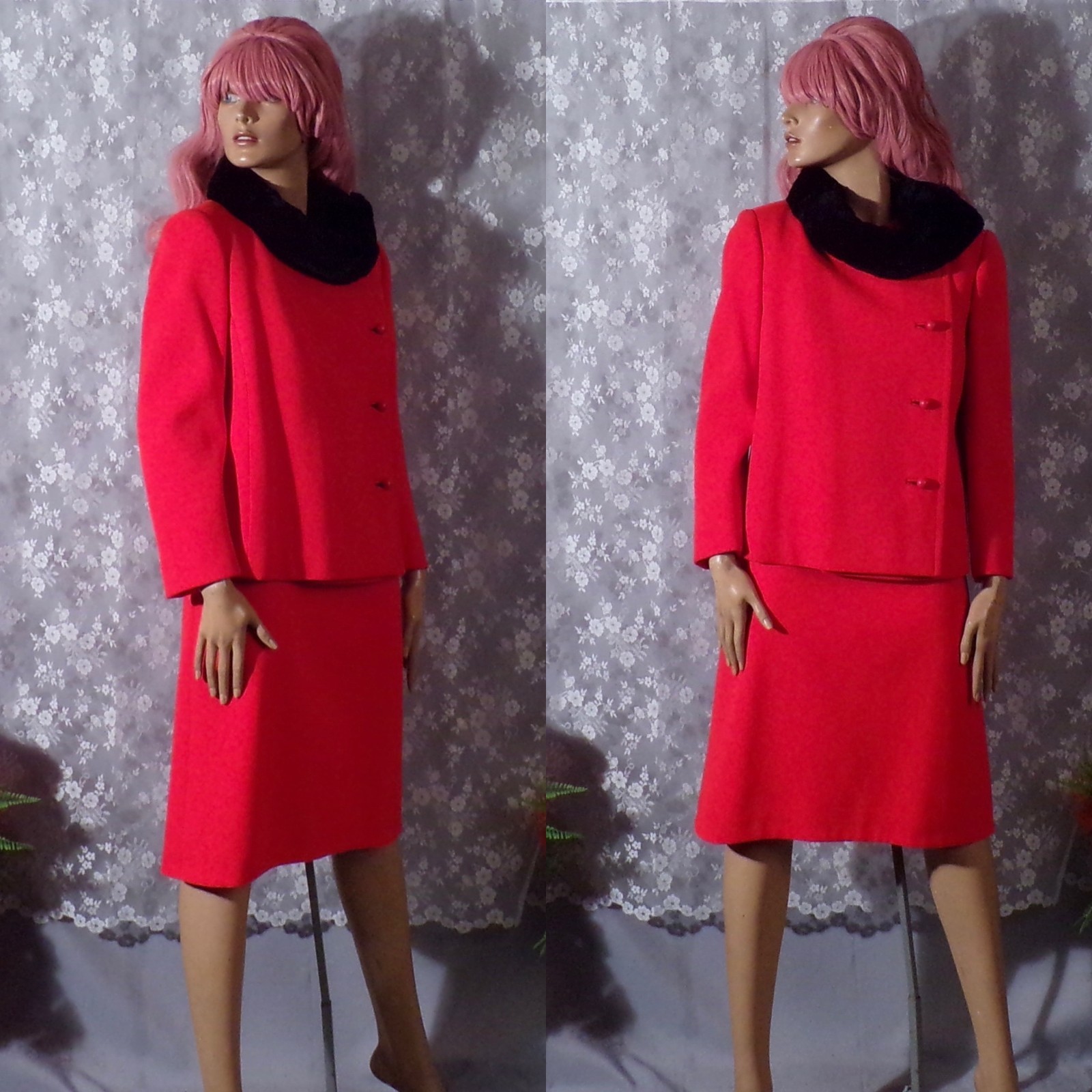 Vintage 60s Orange Wool Dress & Jacket Size Medium 1960s Retro Fur Collar Mod