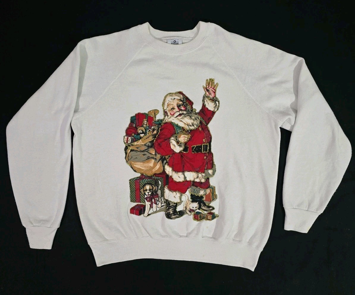 True Vintage 90s SANTA CLAUS Ugly Christmas Glitter Graphic White Sweatshirt XL