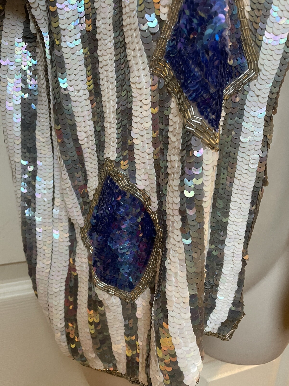 Vintage Sequin Jacket Shrug Silver White Blue Striped And Diamonds Deco Style