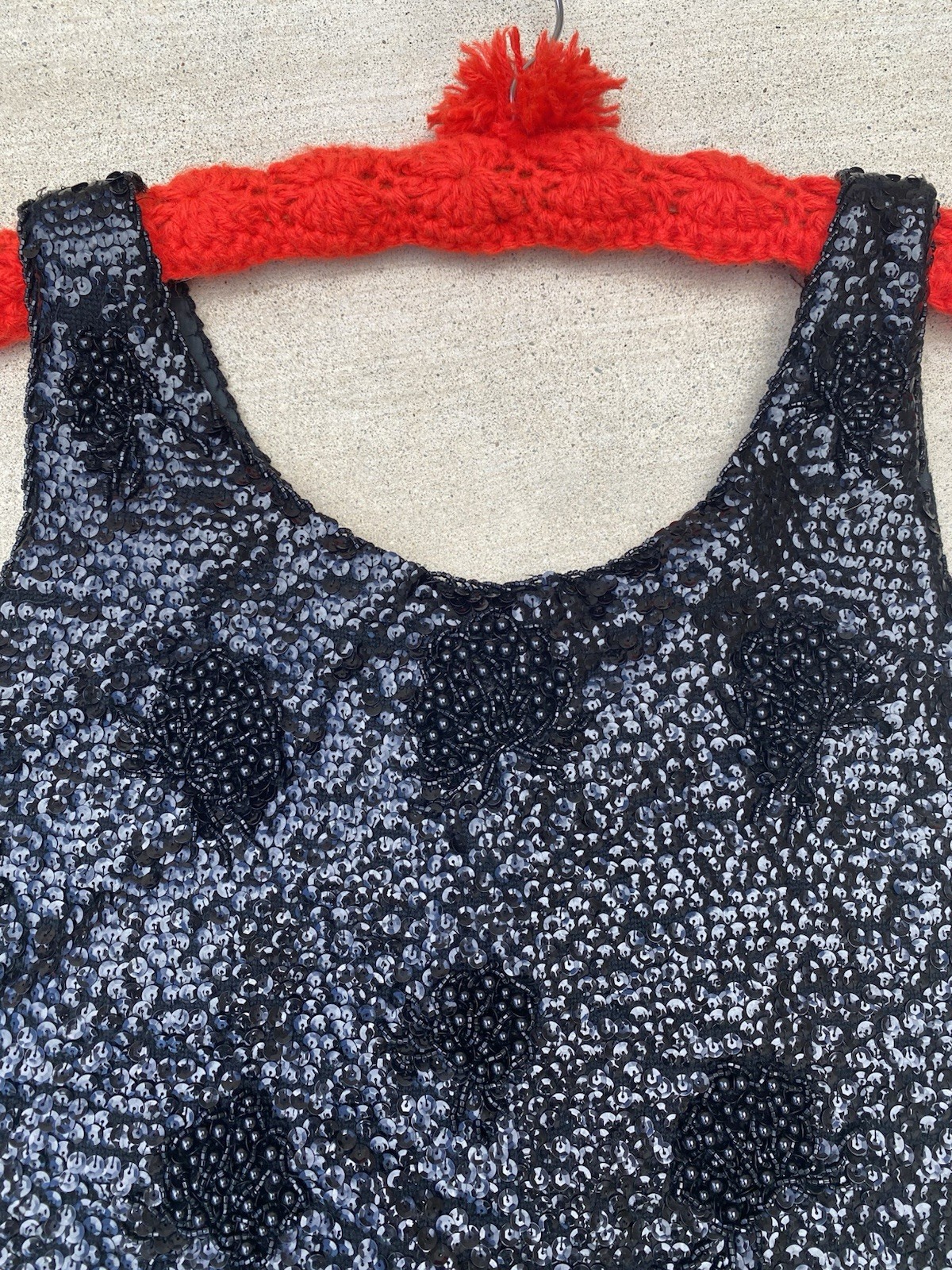 Black Sequin Beaded Wool Top Hong Kong Metal Zip Pinup Glam Tank S 50s 60s Vtg