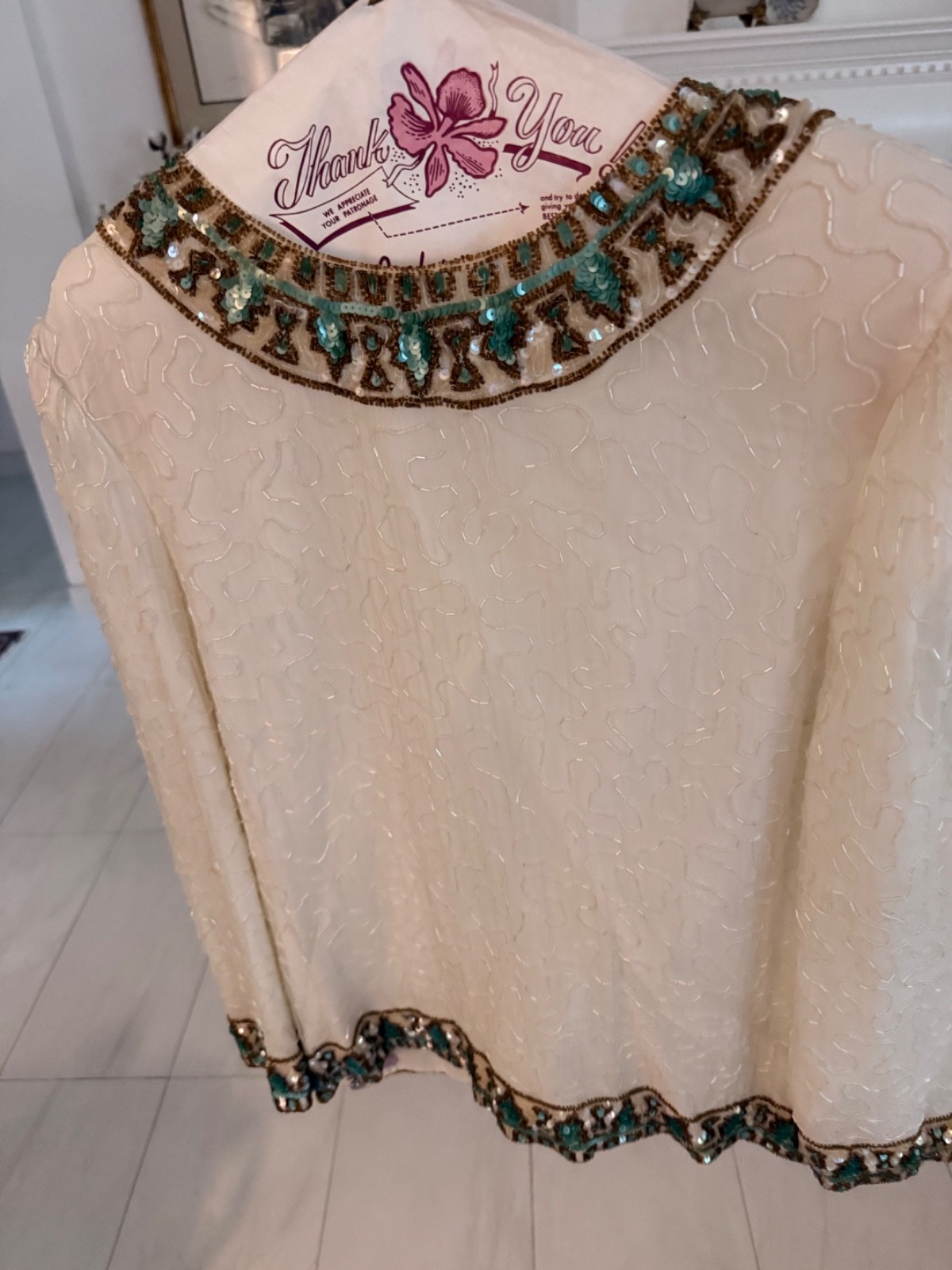 Vintage 70’s Women’s Dressy Scala 100% Silk Beaded Blouse and Skirt Set LG
