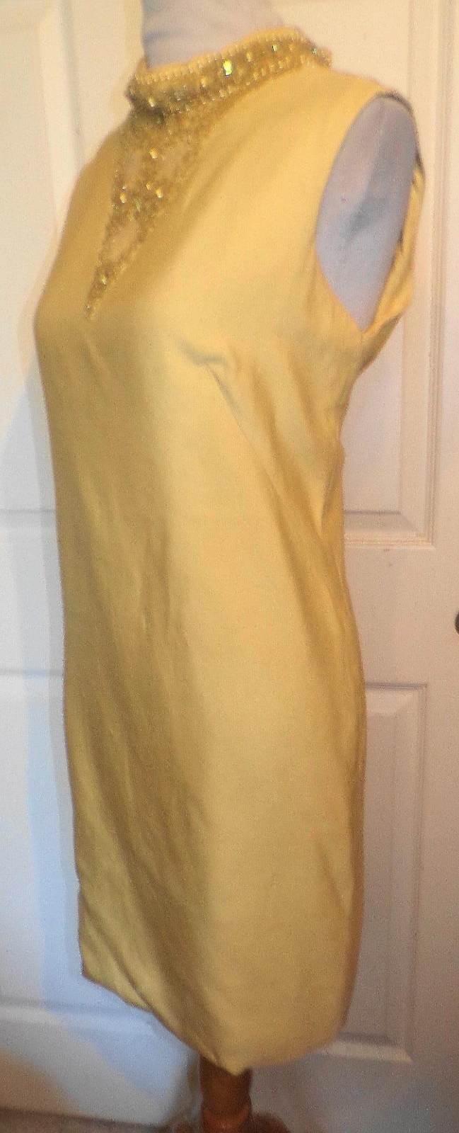 Vintage 60s Yellow Rayon Shantung Cocktail Dress Beaded Neckline B40