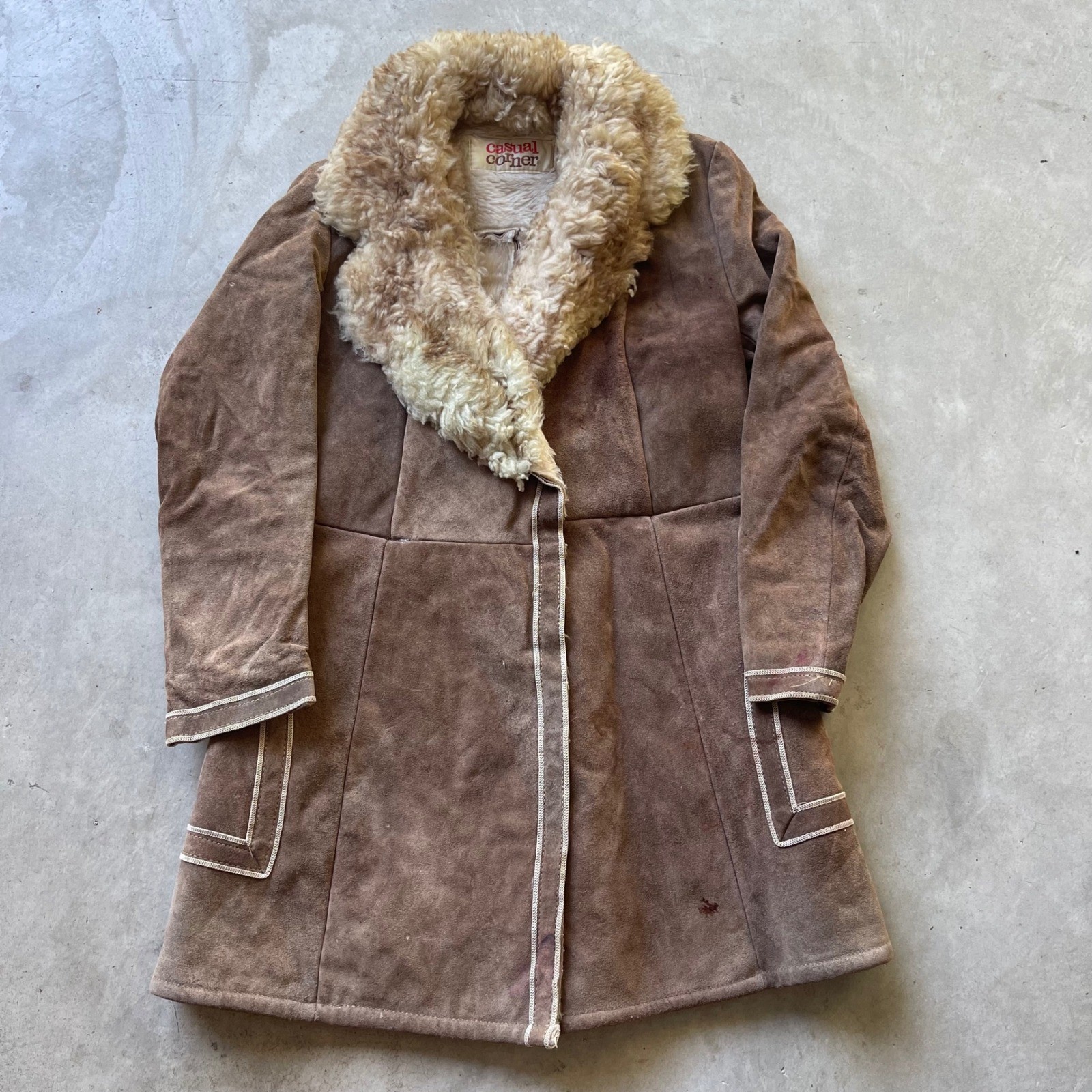 Vintage Casual Corner Brown Faux Suede Penny Lane Coat Faux Fur Collar 70s Style