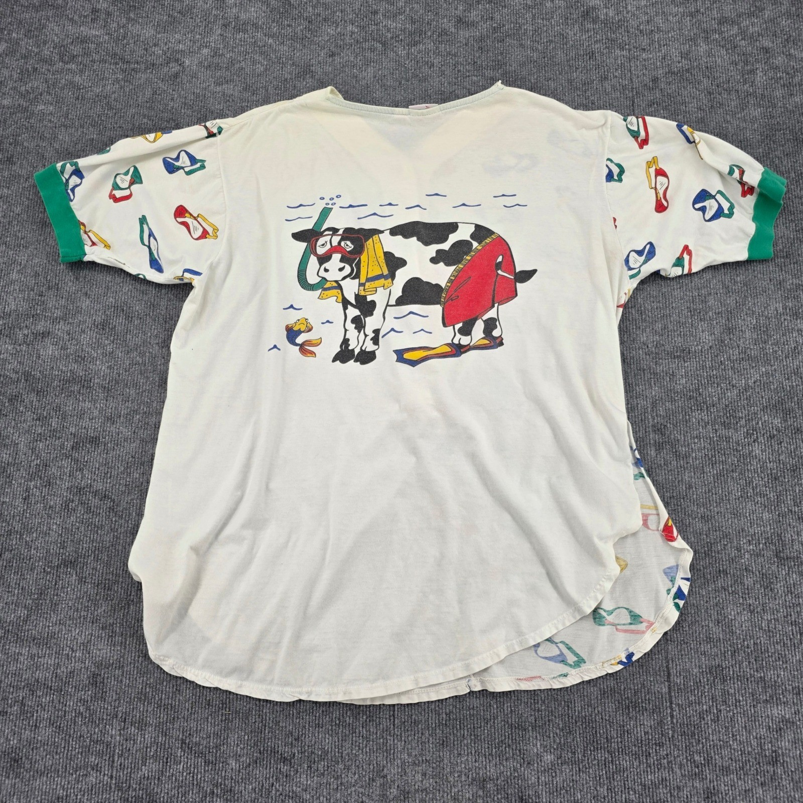Vintage Nap Snorkeling Cow Nightshirt White Graphic Sleep Shirt Short Sleeve L