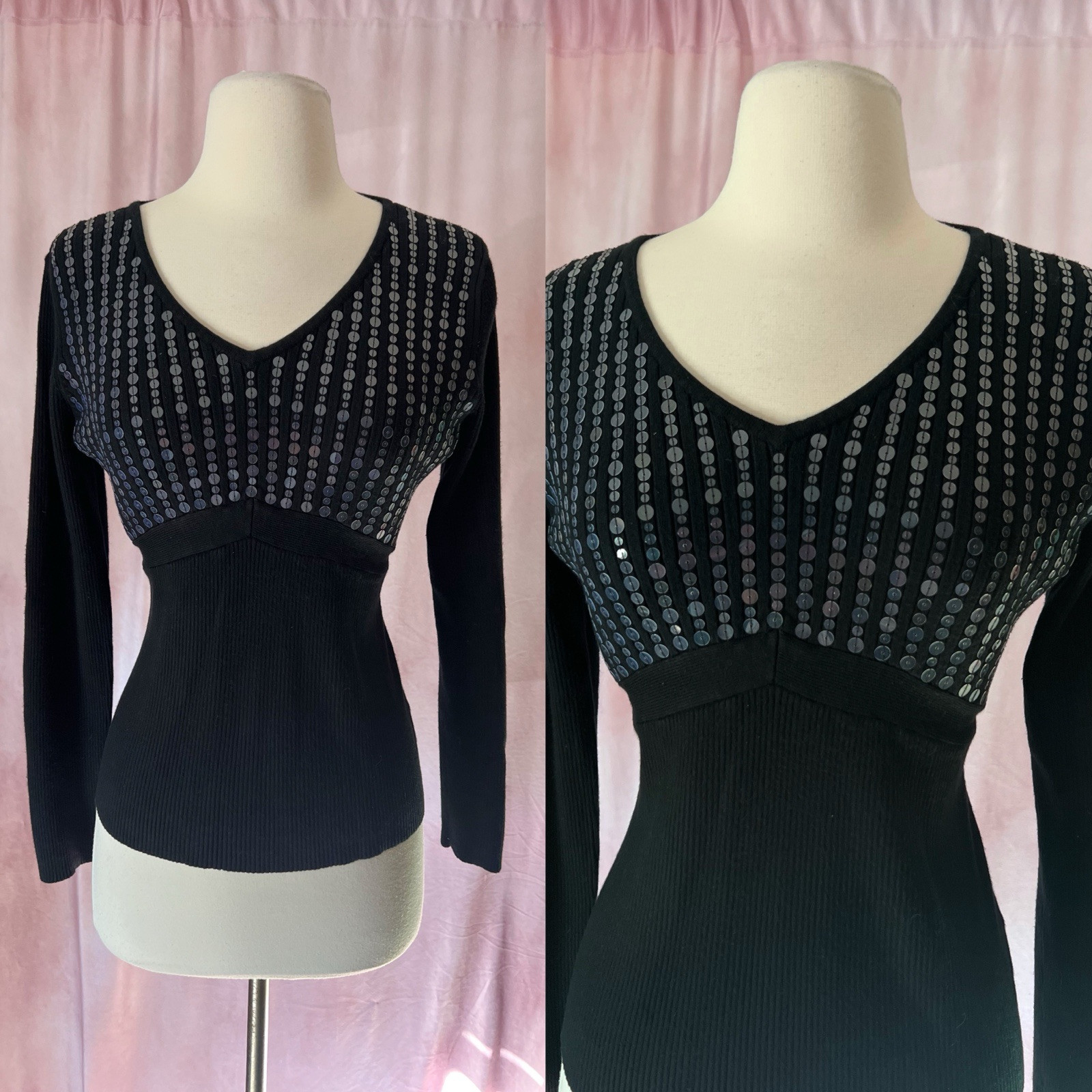 Vintage Y2K 90s Top Large Black Sequin Knit Ribbed Sweater Whimsigoth Fairy Goth