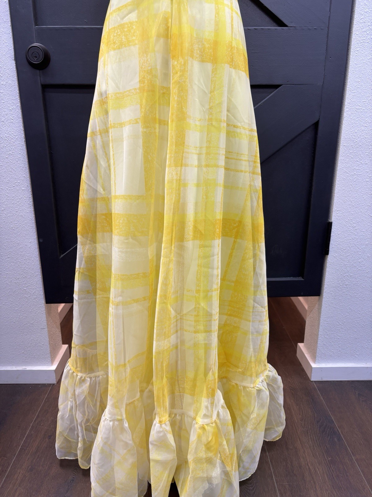 1970s Yellow Plaid Ruffled Floral Party Maxi Dress Gown Summer Spring ILGWU VTG