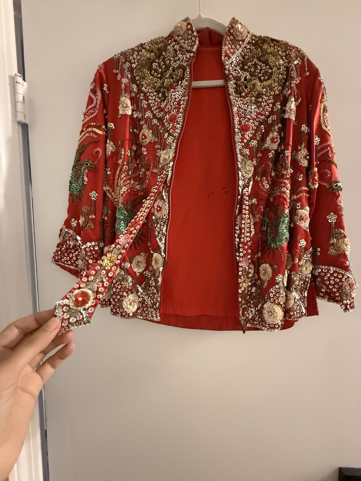 Vintage Beaded Silk Jacket Oriental Heavily Embellished Dragon & Peacock Sequin