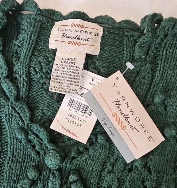 NWT Deadstock Vtg 90s Yarnworks Handknit Sweater Womens Size L Green Chunky
