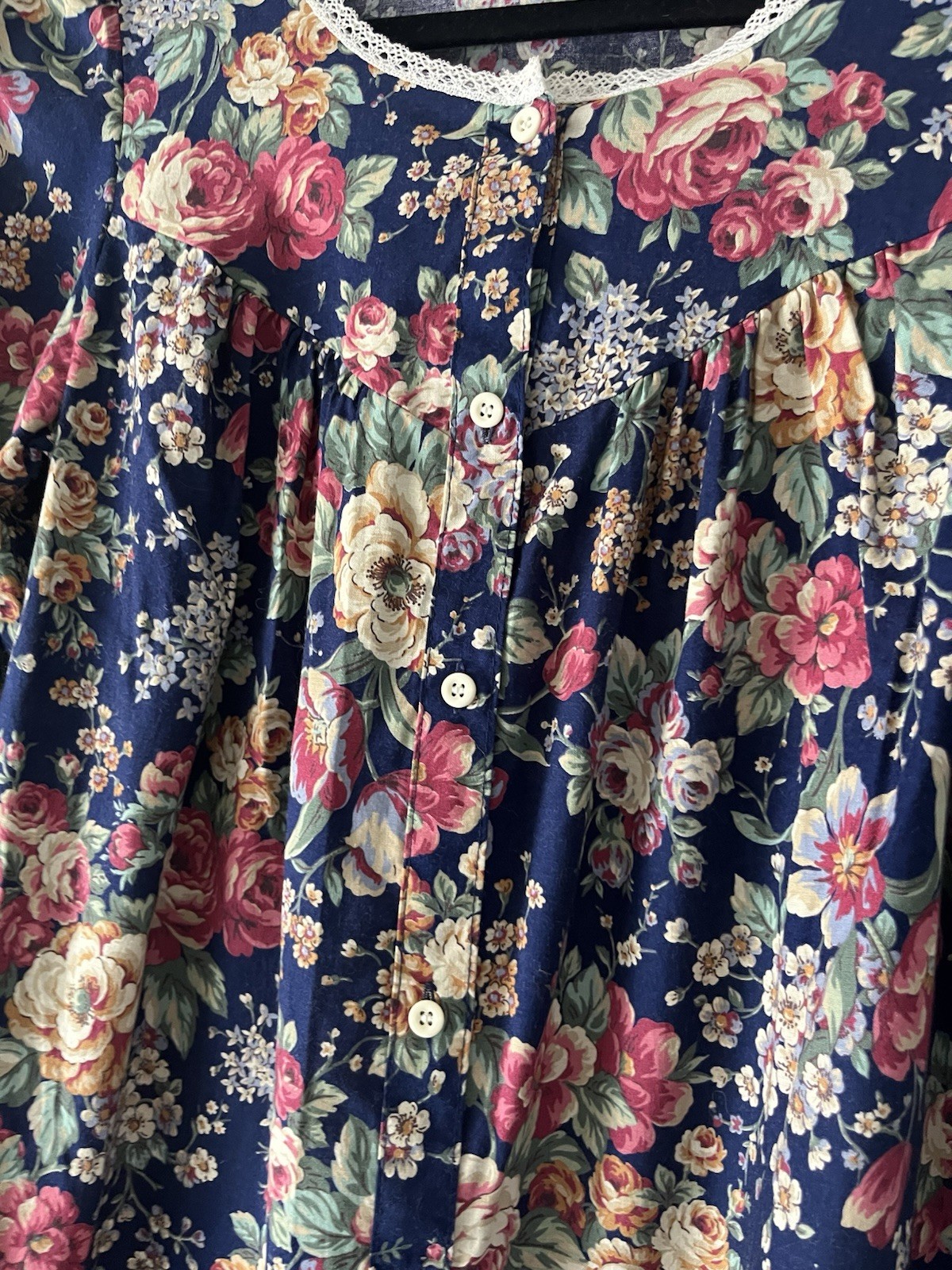 Vintage Prairie Dress Sz S Navy Blue Floral Laced Ruffled Willow Creek Cottage