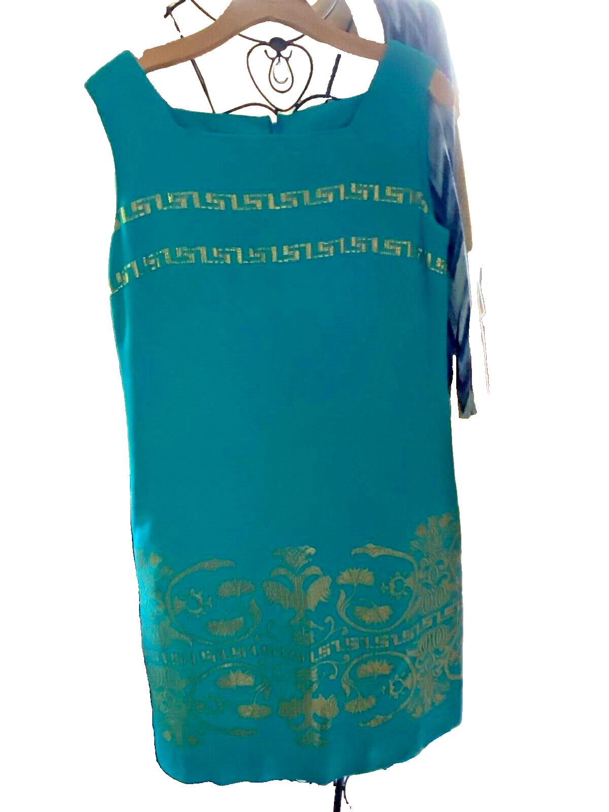 Vintage 60’s Turquoise Mod Shift Dress, Women’s 8-10 Gold embroidery GoGo