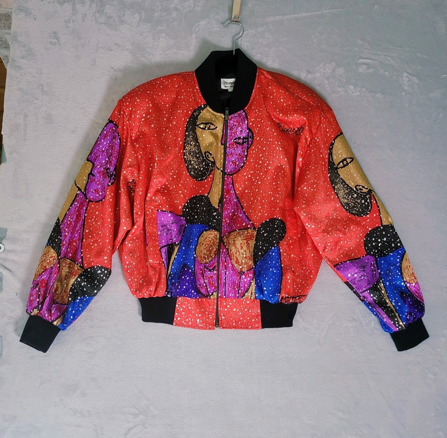Vintage 90s Pablo Picasso Print Pop Art Satin Bomber Jacket Maximalist