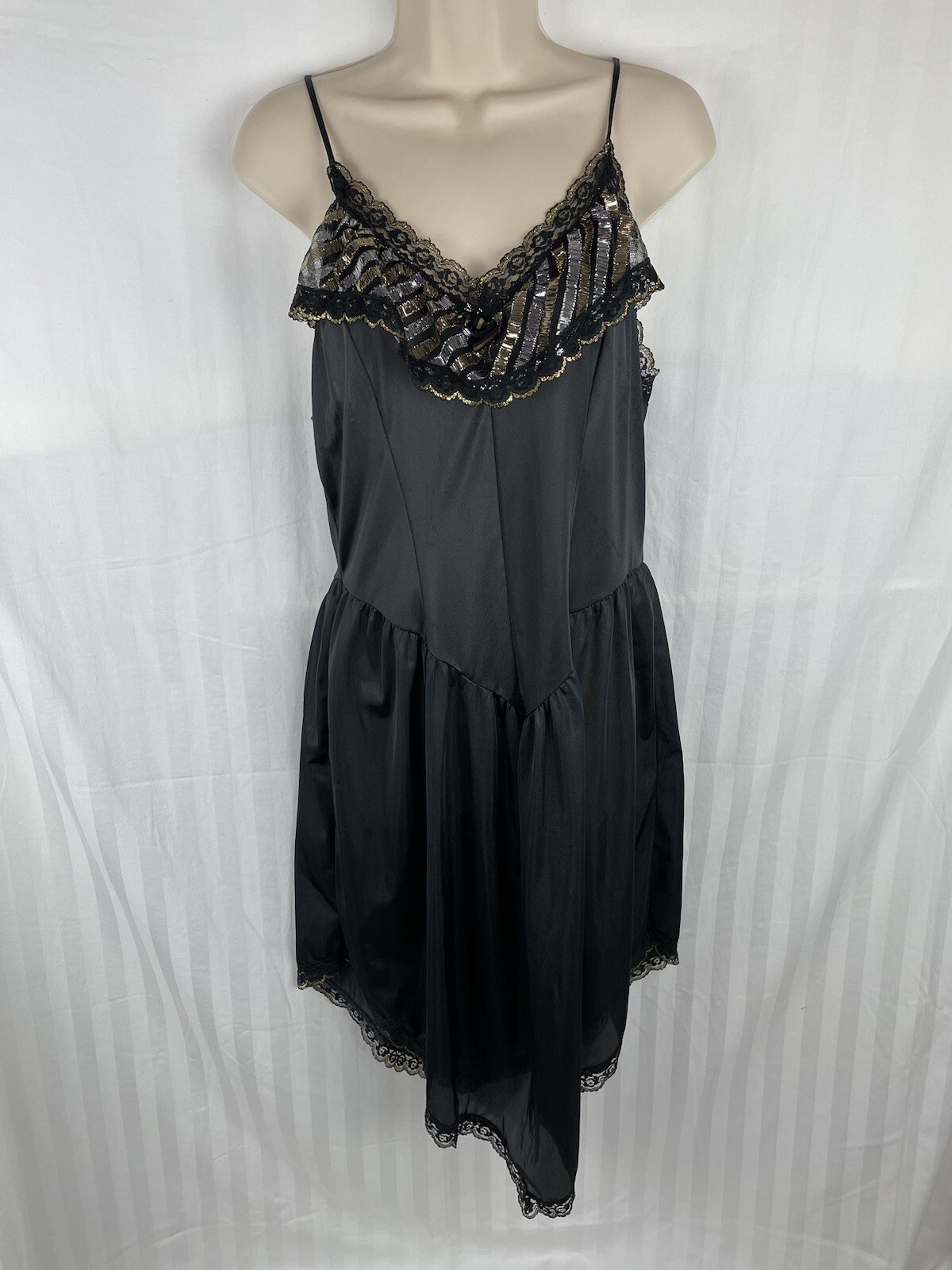 Vintage 80s Black Nightgown Silver Gold V Shaped Hem Stroke of Midnight Size L