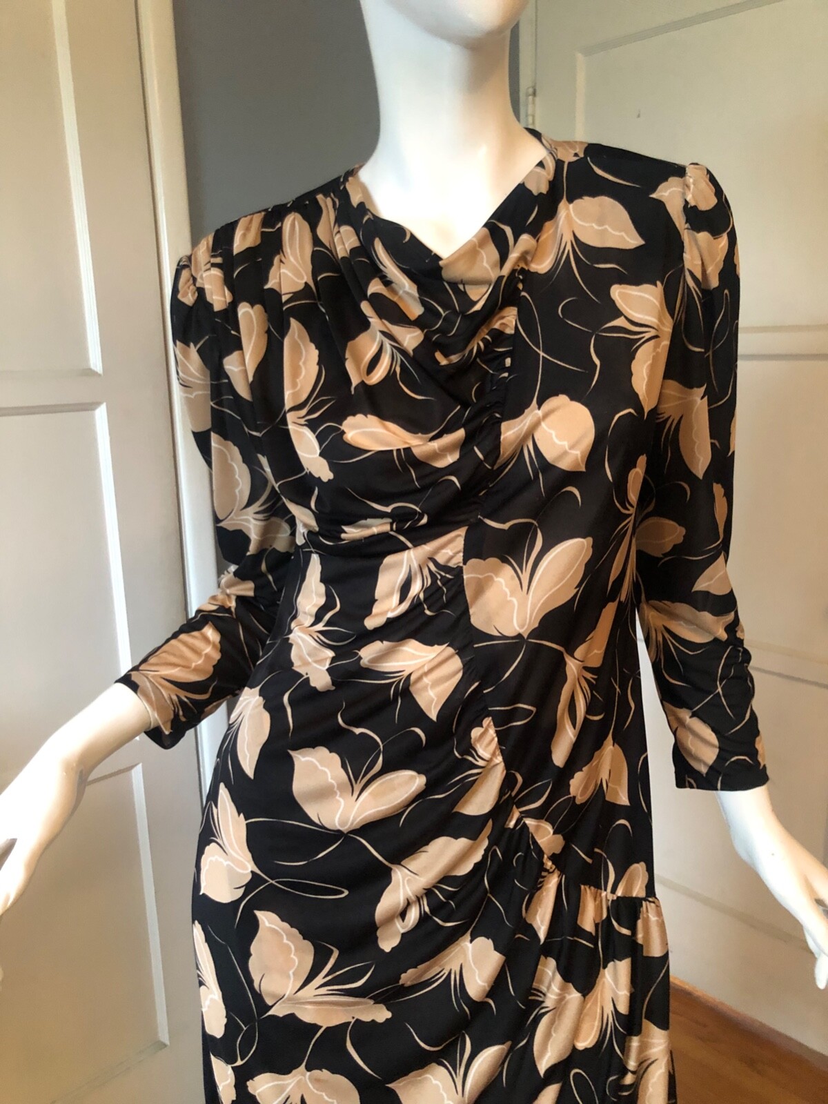 Vtg 70s 80s MATIQUE Dress M BUTTERFLY Print RUCHED Disco SECRETARY Wrap MIDI