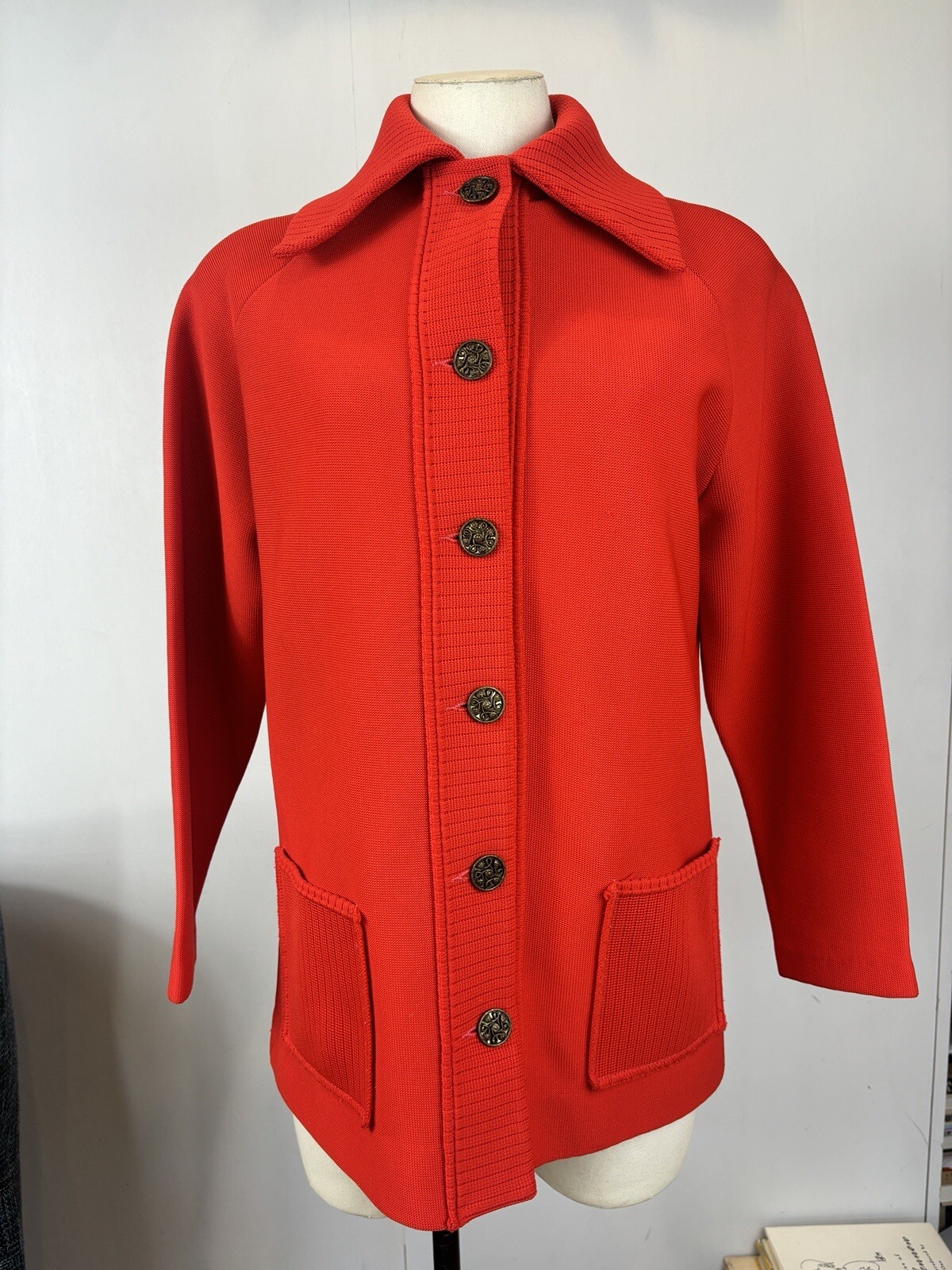 Vintage 1970’s Knit Collared Buttoned Knit Sweater Pristine Tomato Red Size M