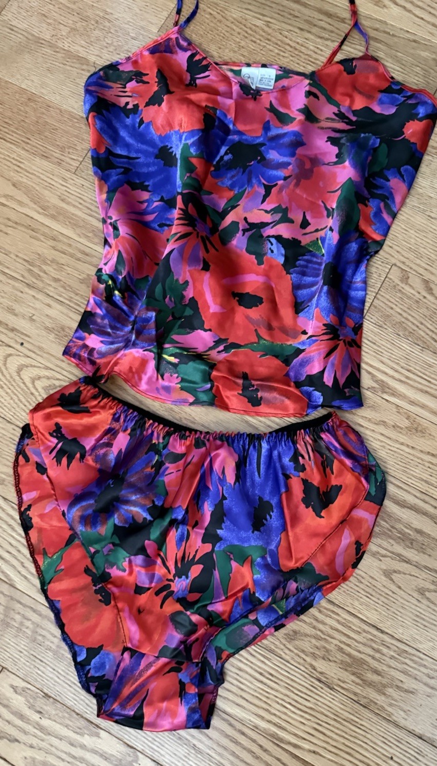 Tropical PRINT Vintage SEDU Lingerie PANTIES Flutter Cami SATIN Set Sz Small