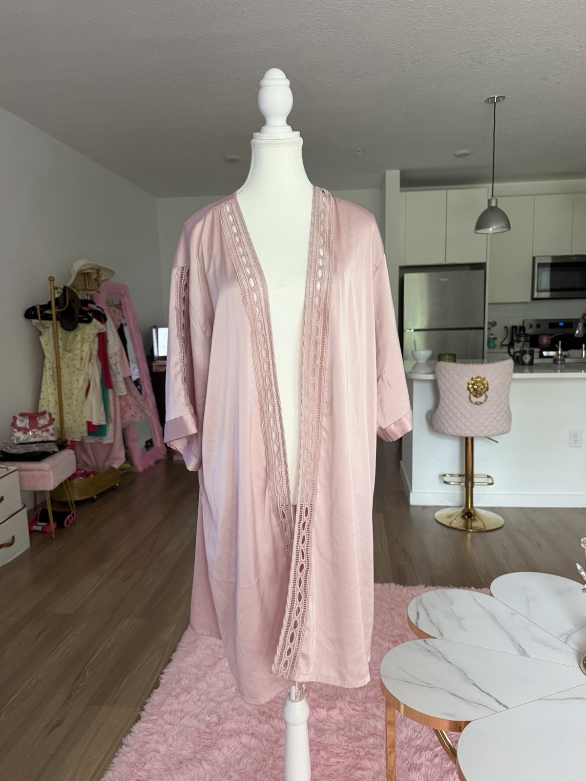 Vintage Pink satin robe with lace trim and diamond-shaped lace panel on the back