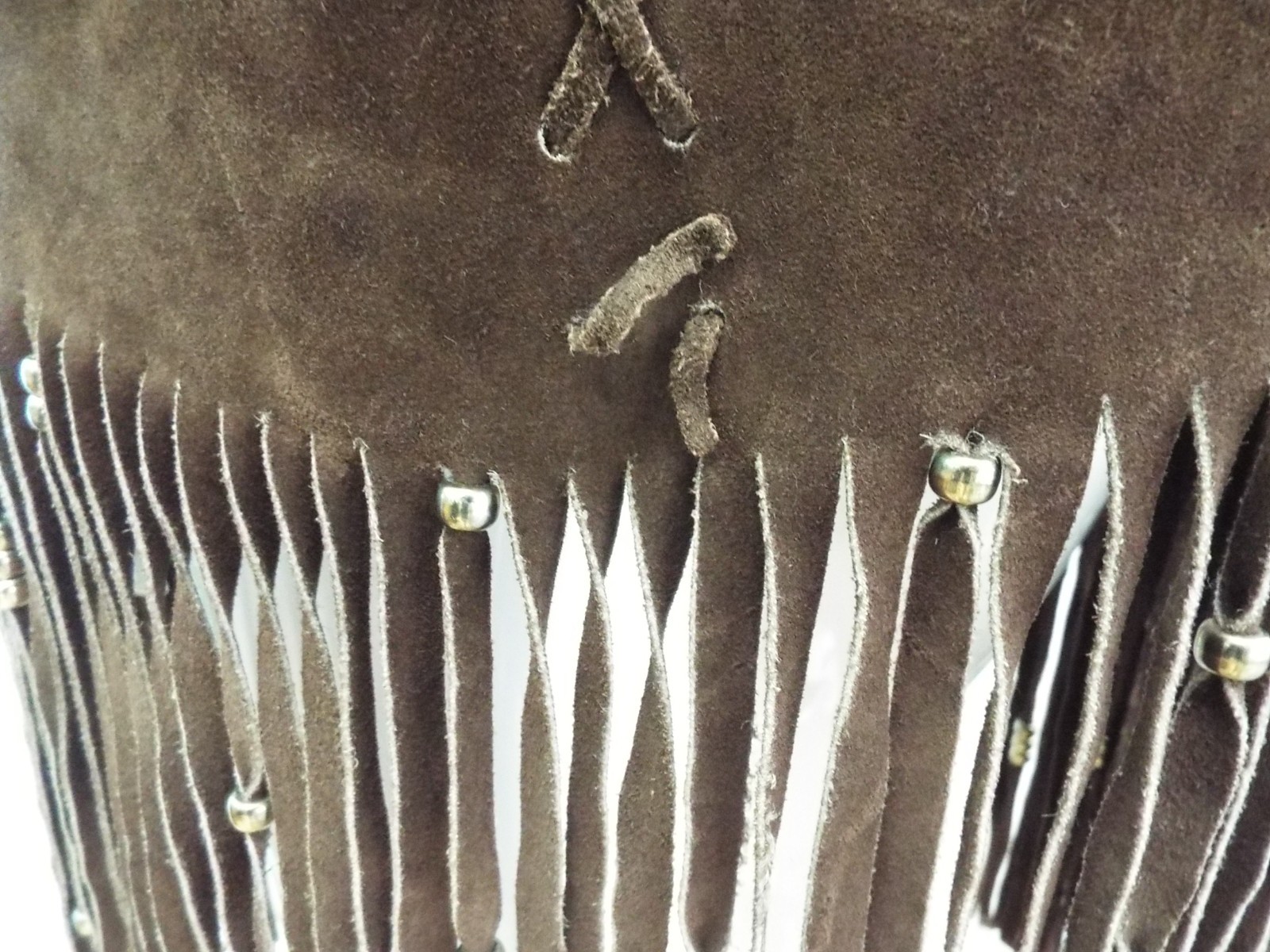VTG 1970s Long Brown Suede Fringe Tunic Vest HIPPIE Feathers Beads Festival Boho
