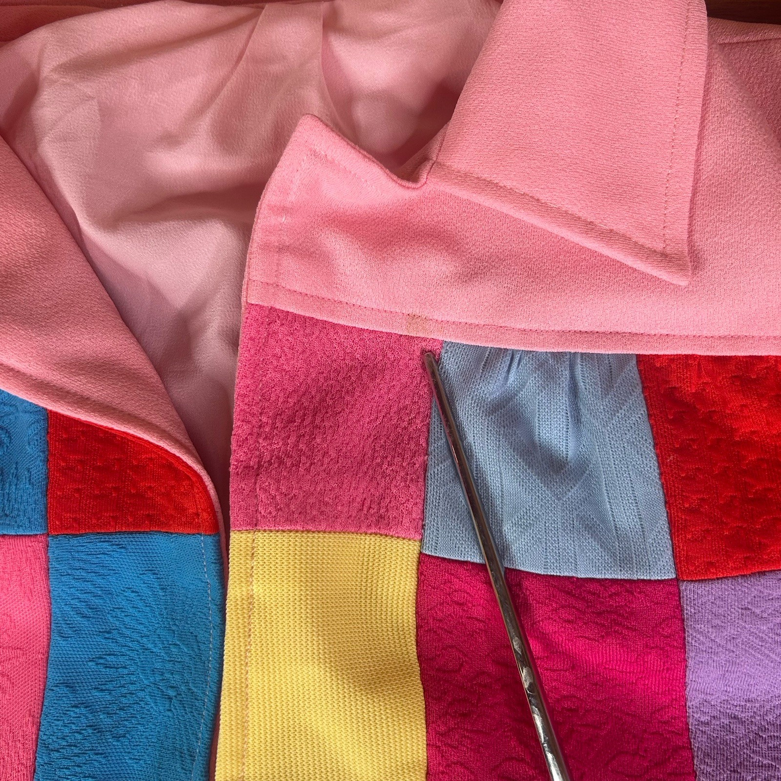 VTG 60s 70s Handmade Women’s Rainbow Polyester Patchwork Open Front Blazer Small