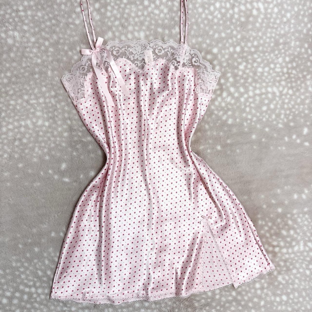 Vintage Victorias Secret Pink Red Heart Polka Dot Lace Lingerie Slip Mini Dress
