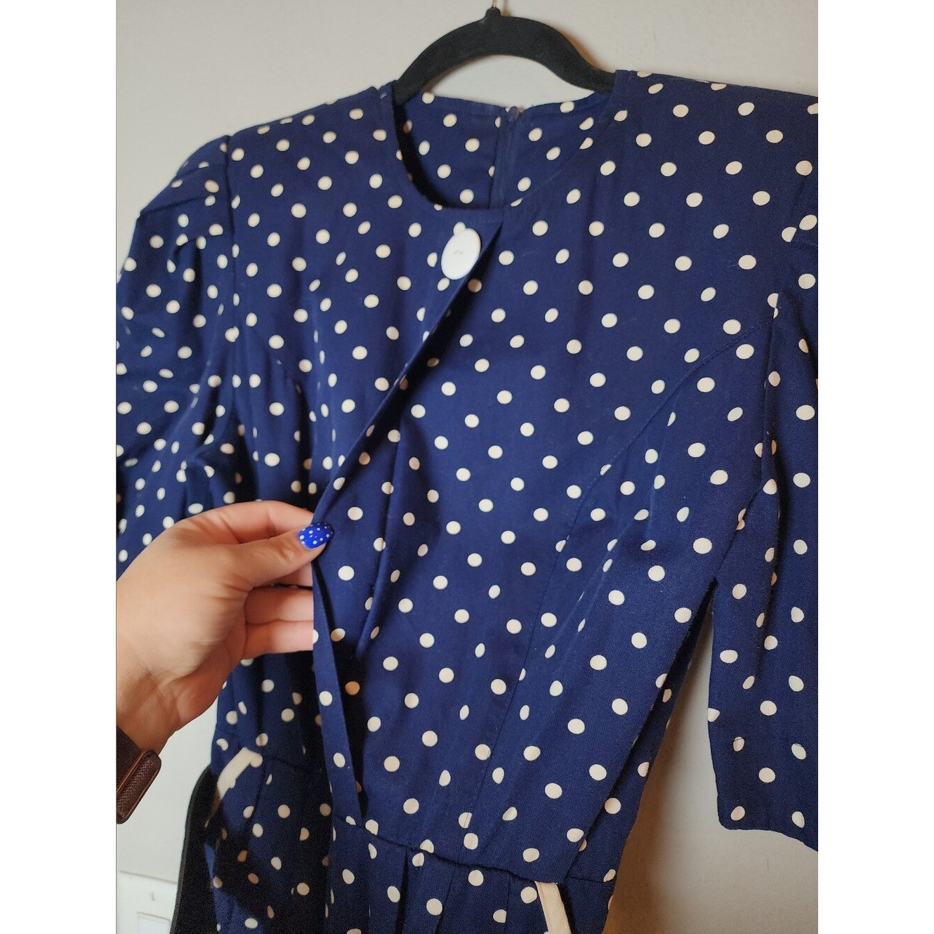 Vintage Choon California Dress Blue White Polka Dots Belt Pockets Est Size XS