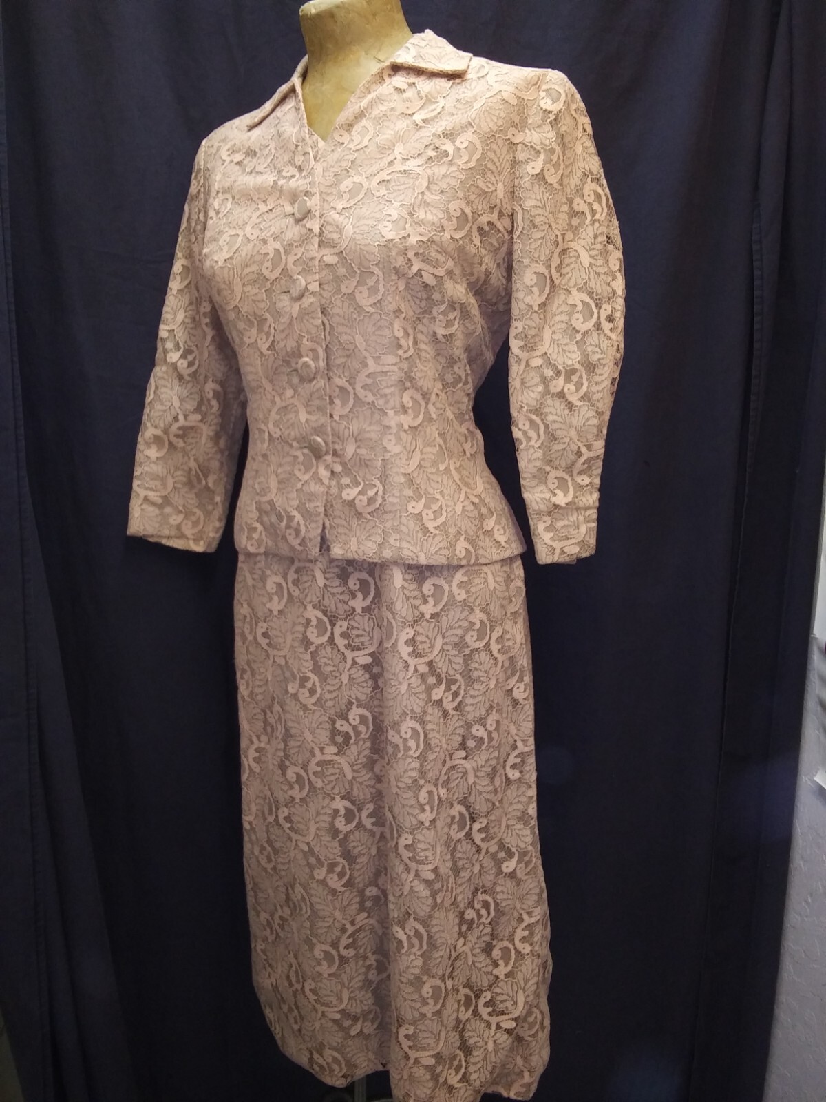 Vintage 1950’s Tan Peach Lace Dress & Jacket Set A Melody Dress M