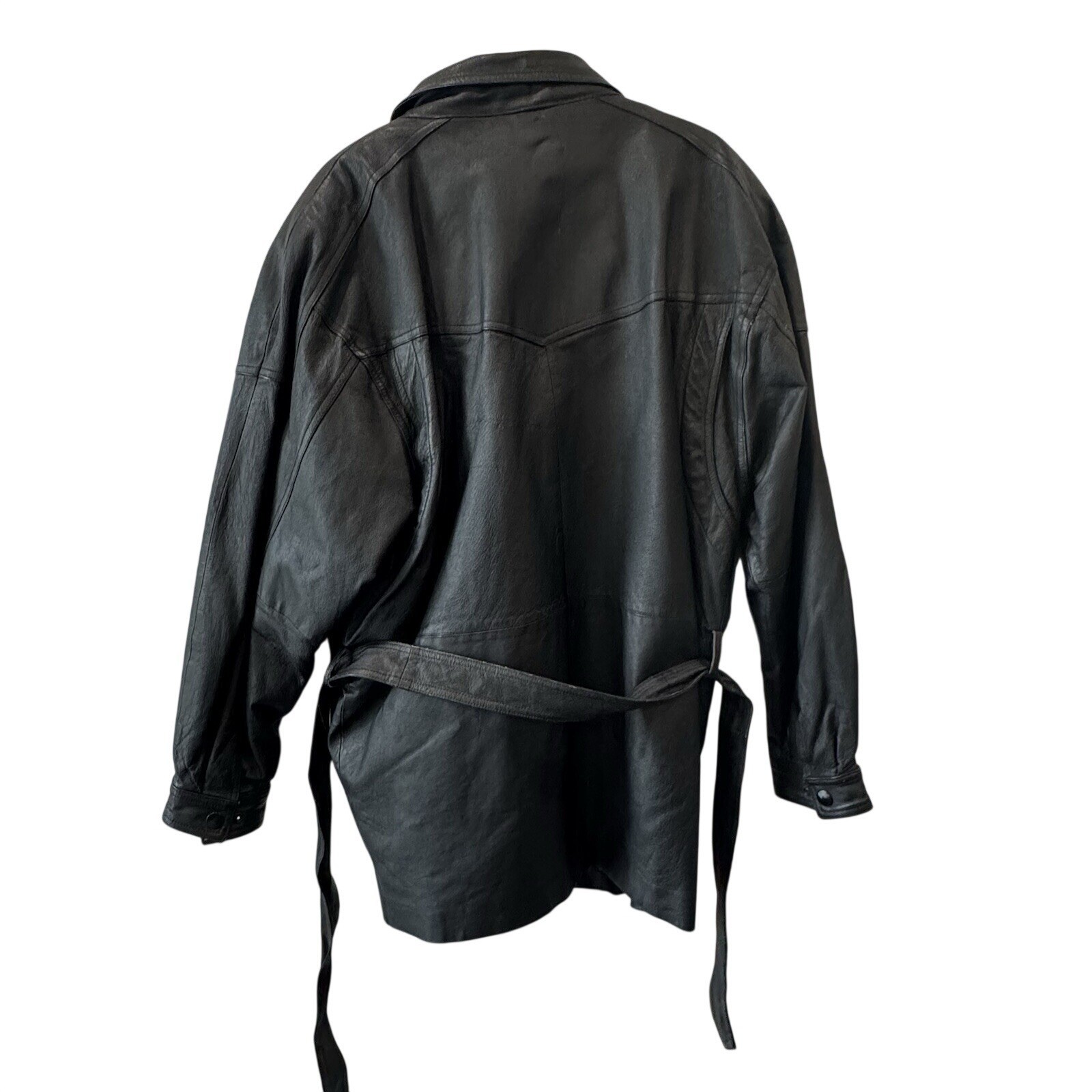 Black Leather Belted Longline Coat Women L Oversized Moto Mob Wife Jacket