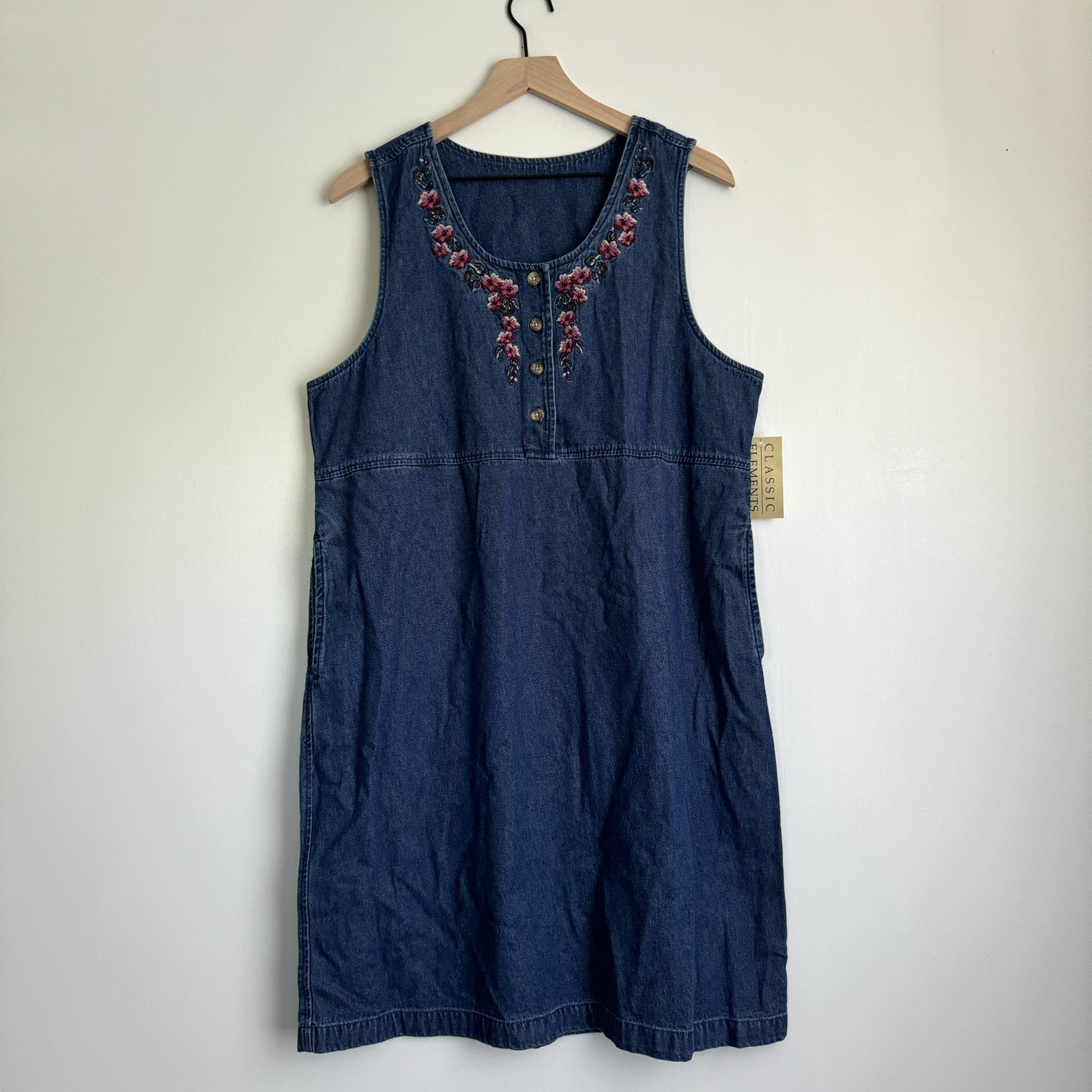 Vintage 90’s Cottagecore Denim Jumper Dress Size L 14-16 Floral Embroidery