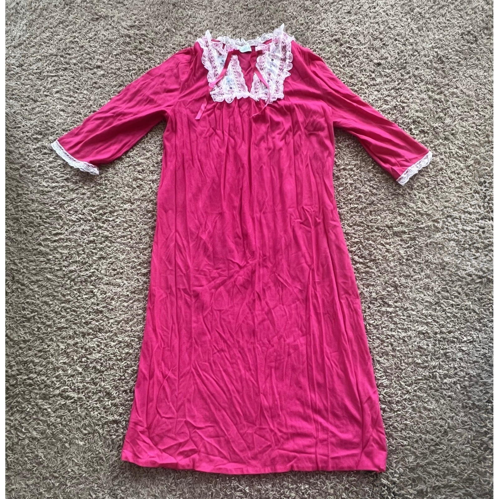 Vintage Spotlight Pink Lace Nightgown Floral Embroidered Long Sleeve USA Made