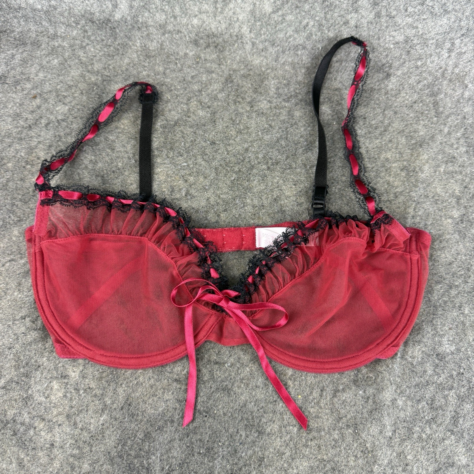 Vintage Victoria’s Secret 36C Bra Sexy Red Sheer Mesh Lace Ribbon Cups Y2K