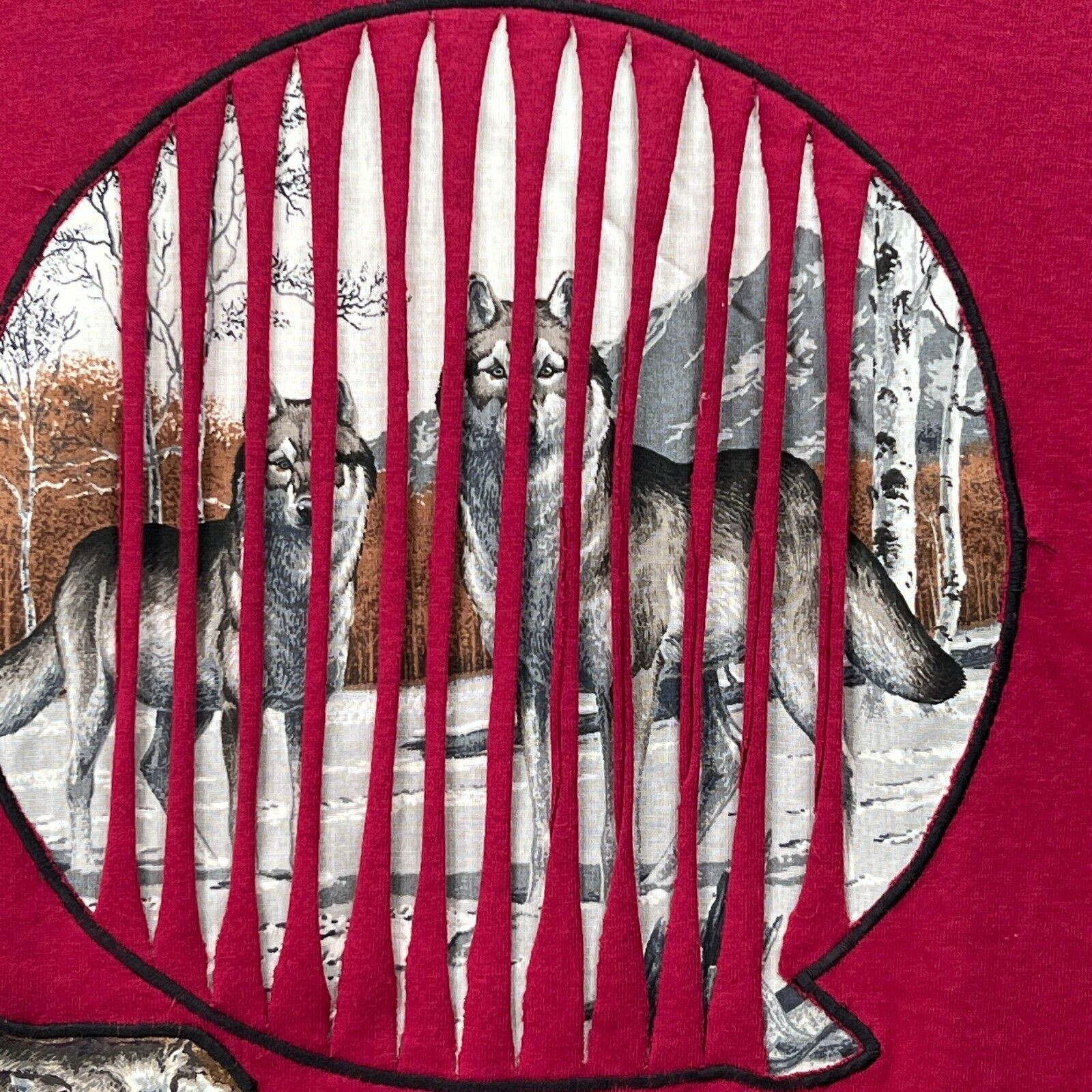 Vintage Wolves in Woods Nature T-shirt Handmade Womens Maroon FOTL Best Sewing