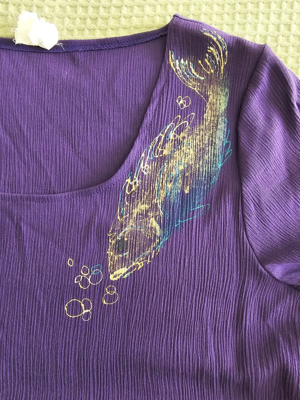 Vintage 80s 90s Purple Rayon Dress Hand Painted Fish Womens Large XL Whimsical