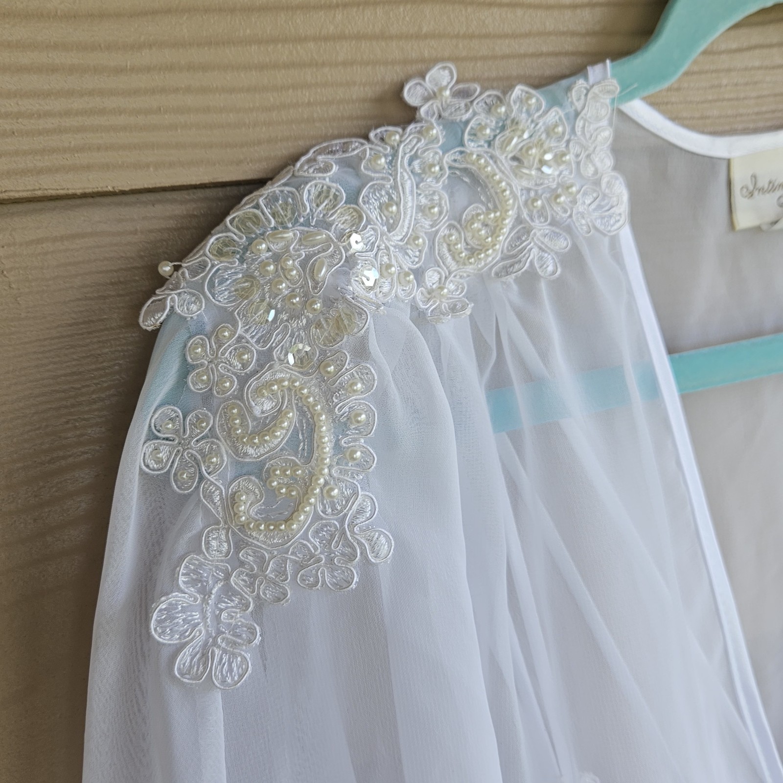 Vintage Intimo Amore White Beaded Satin Bridal Nightgown Sz XL & Sheer Robe Sz L