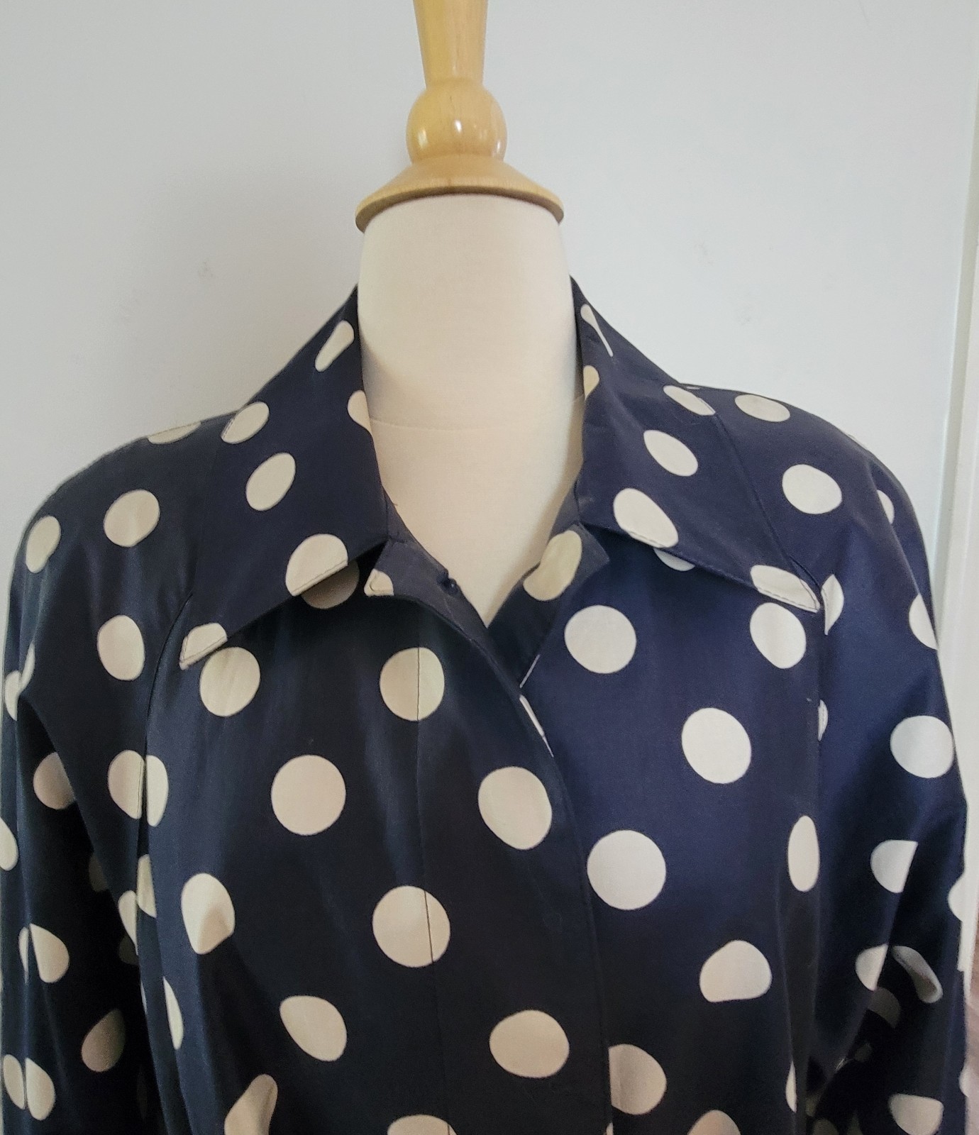 VINTAGE Count Romi Trench Coat Size 14 Navy/White Polka Dots Belted Buttons EUC