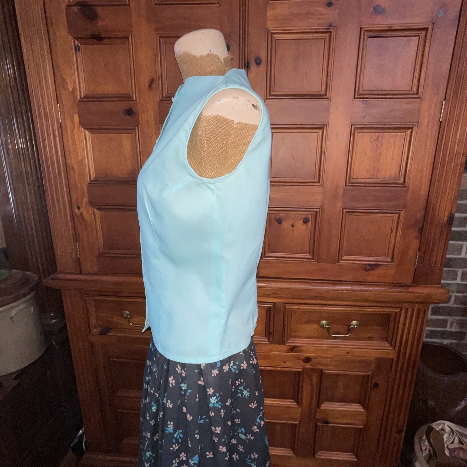 Vtg 40s 50s Light Teal Fritzi Of California Sleeveless Cotton Summer Blouse