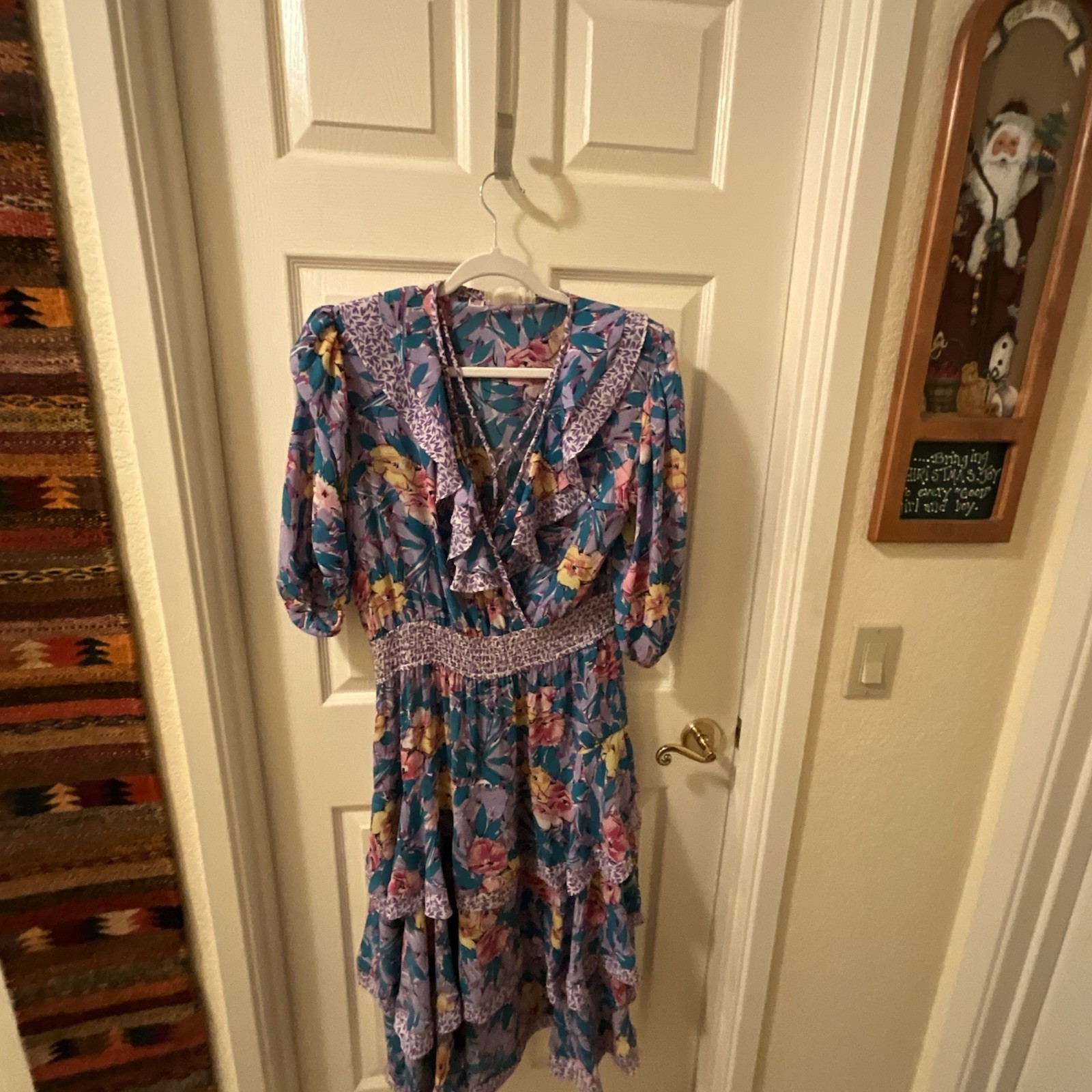 Vintage Susan Freis lavender/aqua Floral Ruffled Dress, Size Small VGUC